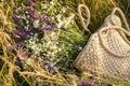 A wicker bag made of straw and a bouquet of wildflowers in the grass.