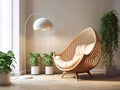 Wicker ball recliner chair near white stand lamp against of beige stucco wall. Interior design of modern living room. Created with