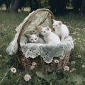 Wicker basket with adorable kittens surrounded by flowers. AI-generated.