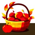 Wicker basket with apples and leaves on a white background. Vector illustration. Generative AI Royalty Free Stock Photo