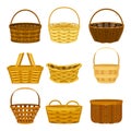 Wicker Basket as Container Woven from Stiff Fiber Vector Set