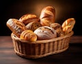 Wicker basket with assorted bakery products including loafs of bread and rolls Royalty Free Stock Photo