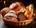 Wicker basket with assorted bakery products including loafs of bread and rolls Royalty Free Stock Photo