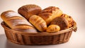 Wicker basket with assorted bakery products including loafs of bread and rolls Royalty Free Stock Photo