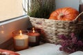 Wicker basket with beautiful heather flowers, pumpkin, burning candles and open book near window indoors