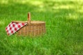 Wicker basket with blanket on green grass in park. Summer picnic Royalty Free Stock Photo