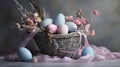 A wicker basket with blue and pink easter eggs and flowers isolated on grey background Royalty Free Stock Photo