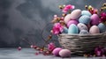 A wicker basket with blue and pink easter eggs and flowers isolated on grey background Royalty Free Stock Photo