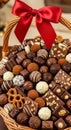 A wicker basket brimming with assorted chocolates and confections. Various types, Royalty Free Stock Photo