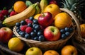 Fresh Fruit Basket with Apples, Oranges, Bananas, Blueberries, and Raspberries on Dark Background