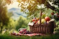 A wicker basket brimming with fresh fruit sits on a soft picnic blanket, creating a delightful outdoor ambiance., Picnic basket