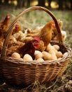 Wicker basket with brown eggs and two hens sitting on. Poultry at farm outdoors. Generative AI Royalty Free Stock Photo