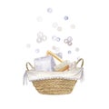 A wicker basket with cleaning detergents, powder, soap, brush, rag and soap bubbles. Isolate on a white background Royalty Free Stock Photo