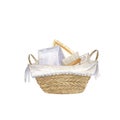 Wicker basket with cleaning detergents, powder, soap, brush, rag. Isolate on a white background.Watercolor illustration Royalty Free Stock Photo