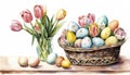 Wicker basket with colorful Easter eggs and bouquet of tulips in transparent glass vase on wooden table Royalty Free Stock Photo