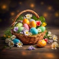 Wicker basket with colorful Easter eggs and flowers on wooden table Royalty Free Stock Photo