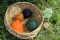 Wicker  basket with colorful yarn Royalty Free Stock Photo