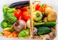 The wicker basket contains vegetables picked from the garden: onions, tomatoes, broccoli, beets, potatoes, carrots Royalty Free Stock Photo