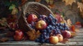 Autumn Harvest Still Life: Apples, Grapes, and Basket Royalty Free Stock Photo