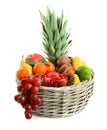 Wicker basket with different fresh fruits isolated on white Royalty Free Stock Photo