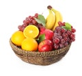 Wicker basket with different fruits on white background Royalty Free Stock Photo