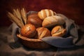 wicker basket with different types of breads. still life photography