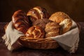 wicker basket with different types of breads. still life photography