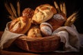 wicker basket with different types of breads. still life photography