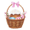 Wicker basket with Easter cake, eggs, pink bow, branches and flowers on white. Hand drawn watercolor illustration Royalty Free Stock Photo