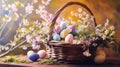 Wicker basket with Easter eggs and spring flowers indoor. Space for text. Easter card Royalty Free Stock Photo