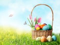 Wicker basket with festively decorated Easter eggs and tulips in green grass on sunny day, space for text