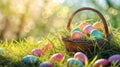 Colorful Easter Eggs Nestled in a Basket on a Sunny Spring Morning Royalty Free Stock Photo