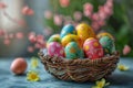 A wicker basket filled with colorful Easter eggs on a wooden table Royalty Free Stock Photo