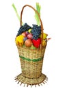 Wicker basket filled with colorful organic vegetables fresh harvest plums, grapes and apples isolated Royalty Free Stock Photo