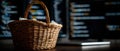 Wicker basket filled with crumpled paper in front of blurred computer screens displaying code, concept of debugging, coding errors Royalty Free Stock Photo
