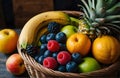 Fresh and organic fruits in a wicker basket on a wooden table. Healthy eating lifestyle concept Royalty Free Stock Photo