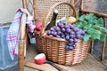 Wicker basket filled with grapes and wine bottle Royalty Free Stock Photo