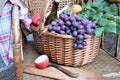 Wicker basket filled with grapes and wine bottle Royalty Free Stock Photo