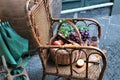 Wicker basket filled with grapes and wine bottle Royalty Free Stock Photo