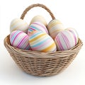 A wicker basket filled with vibrant Easter eggs, set against a clear background, created by image Royalty Free Stock Photo