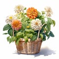 Hyperrealistic Illustration Of Dahlia Bouquet In Basket