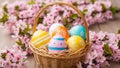 Wicker basket filled with vibrantly colored decorated Easter eggs surrounded by delicate pink cherry blossoms on a Royalty Free Stock Photo