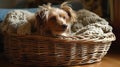 A wicker basket flipped over and turned into a pet bed, with a scruffy dog nestled into the open weaving and cozy bedding.