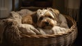 A wicker basket flipped over and turned into a pet bed, with a scruffy dog nestled into the open weaving and cozy bedding.