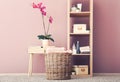 Wicker basket with folded clean towels on floor in bathroom Royalty Free Stock Photo