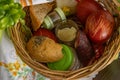 Wicker basket with food Easter decorations Royalty Free Stock Photo