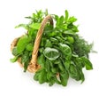 Wicker basket with fresh herbs on white background Royalty Free Stock Photo