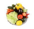 Wicker basket with fresh ripe vegetables and fruit on white background, top view Royalty Free Stock Photo