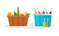 Wicker basket with fresh vegetables and plastic basket with drinks.