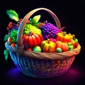 Wicker basket with fruit and vegetables on a black background. 3d rendering generative AI Royalty Free Stock Photo